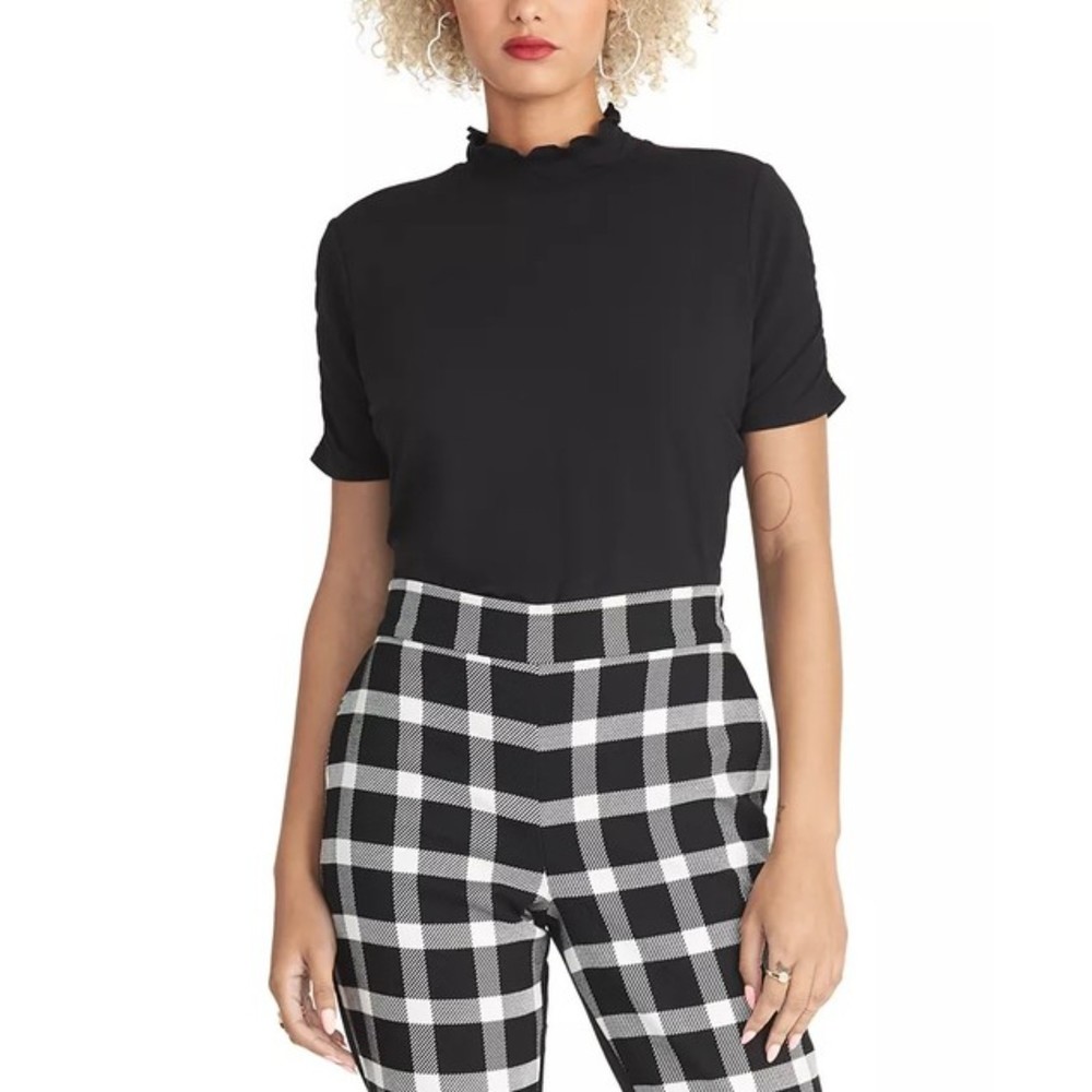 Rachel Roy NWT Rachel Elle Ruffled Mock Neck Short Ruched Sleeves Top Black New